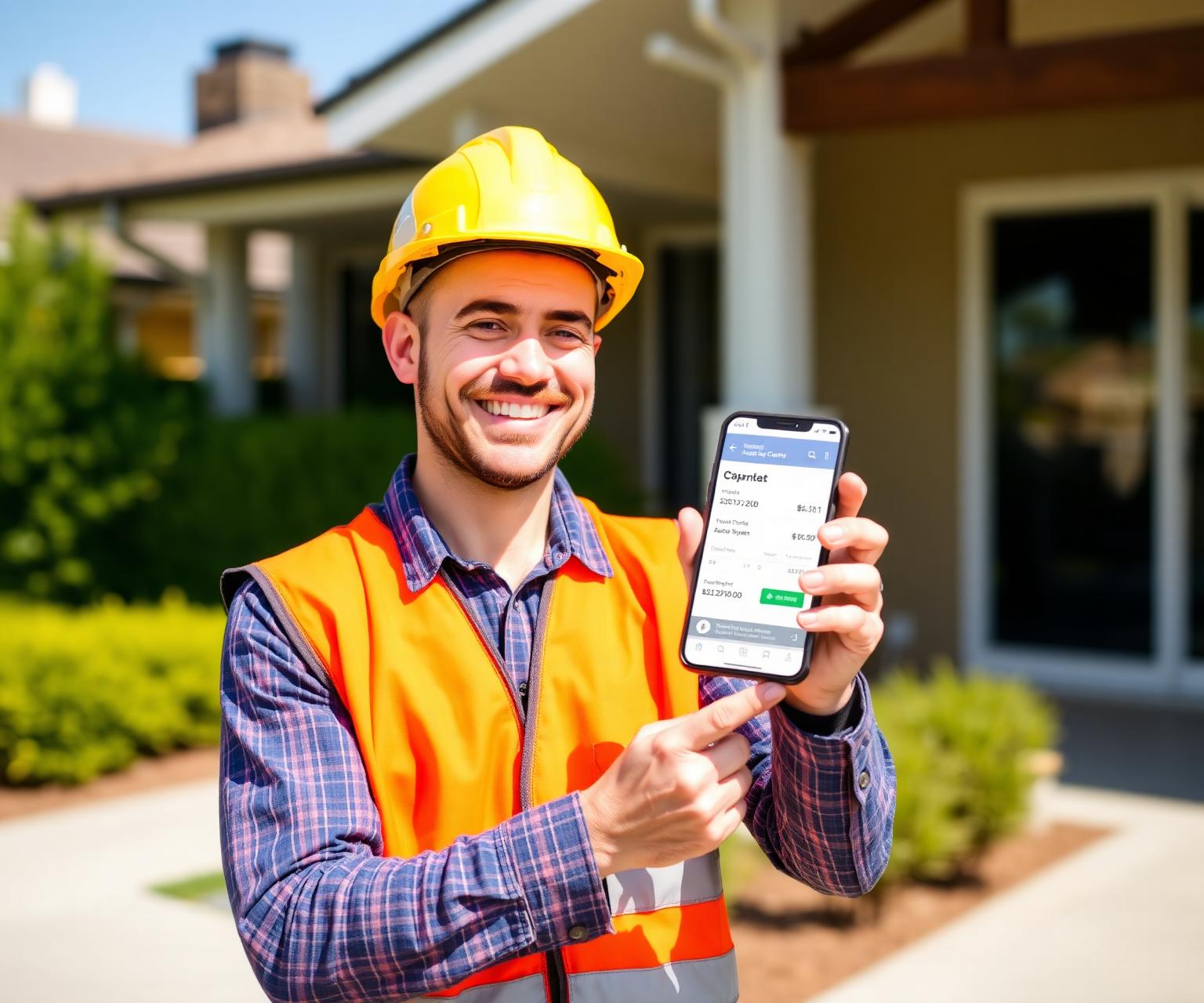 Australian tradie smiling, holding a phone showing the TrustPay app